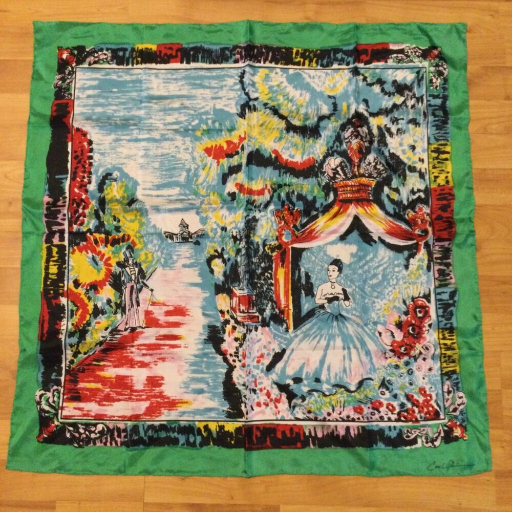 Signed Silk Scarf Colorful Painted Scene Ball Gown Lady Gentleman Green Border